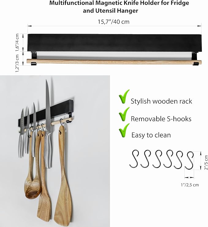 Premium Magnetic Knife Holder for Refrigerator with Hooks – 16 Inch Professional Double Sided Black Magnetic Knife Strip and utensil hanger for Fridge-Stainless Steel Magnet Knife Bar Wall
