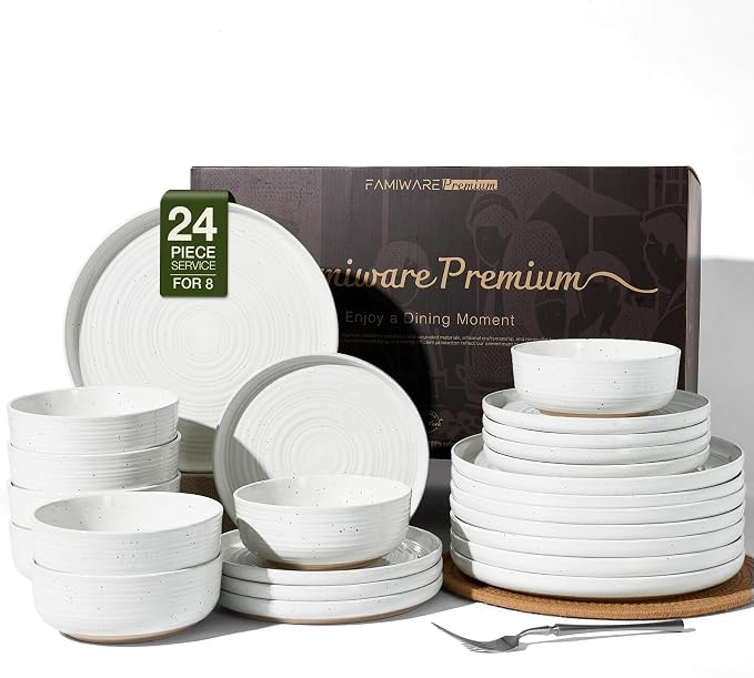 24-Piece Stoneware Dinnerware Sets for 8 - Coupe Plates and Bowls with Speckles & Spirals - Chip & Scratch Resistant, Microwave & Dishwasher Safe - Farmhouse Dishes - Gift Box, White