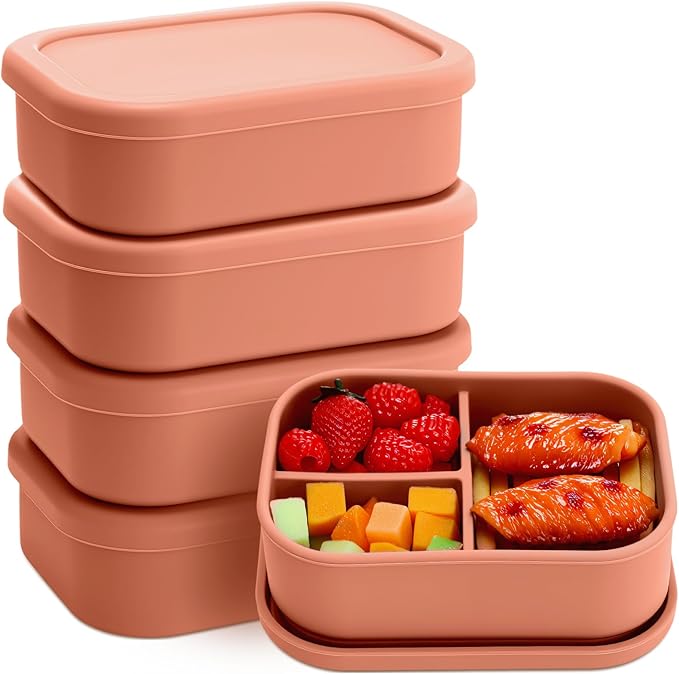 Honeydak 4 Pcs Silicone Bento Box for Adults, 3 Compartment Lunchable Food Container for Women Men, Leak Proof Microwave Dishwasher Freezer Safe (Orange)