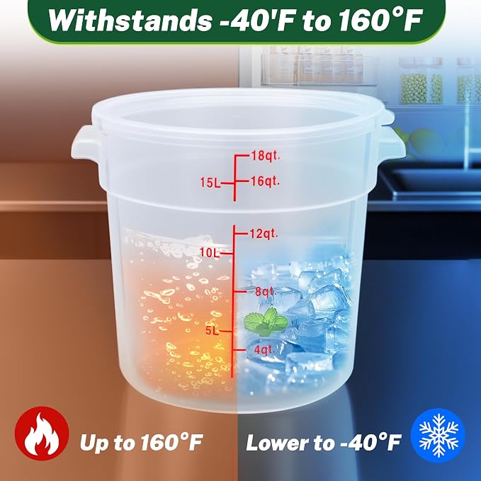 4 Pack 18 Qt Round Food Storage Containers with Lids, Translucent | Translucent containers with lids, easy-read scale, labels and measuring cups; stackable for prep, storage and freezer use.