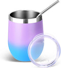 Volhoply 12oz Stainless Steel Wine Tumbler with Lid and Straw,Double Wall Vacuum Insulated Stemless Wine Glasses,Reusable Travel Coffe Mug for Cold Drinks,Tumblers Gifts for Women Men（Lavender,1 Set）