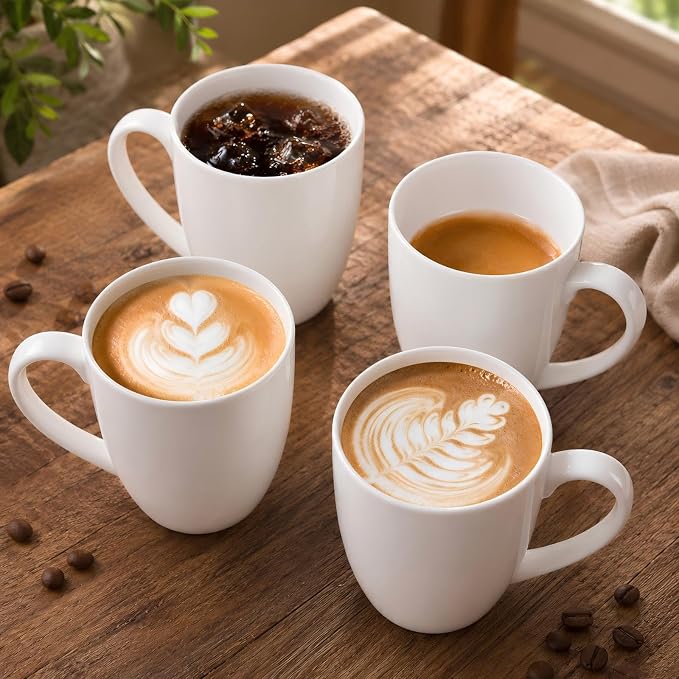 Plain White Fine Bone China Blank Coffee Mugs Set of 4, 11 Oz Tea Cups with Large Handle, Lightweight Ceramic Coffee Mugs, Aesthetic Coffee Cups