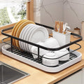 Kitchen Counter Dish Drying Rack,Stainless Steel Dishes Drainer with Utensil Holder,Space-Saving Dish Rack,Removable Plastic Drainer Tray for Dishes, Knives, Spoons (Black,No Cup Holder)