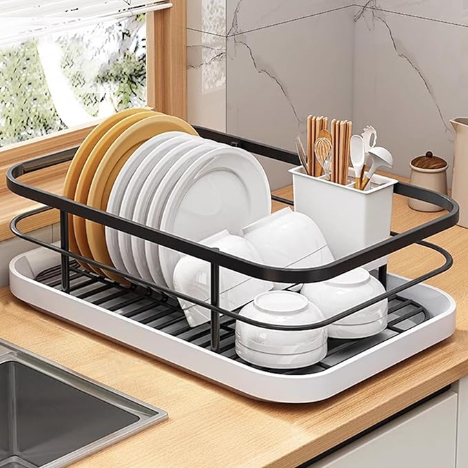 Kitchen Counter Dish Drying Rack,Stainless Steel Dishes Drainer with Utensil Holder,Space-Saving Dish Rack,Removable Plastic Drainer Tray for Dishes, Knives, Spoons (Black,No Cup Holder)