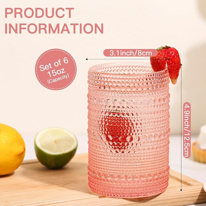 JOVGANK Pink Vintage Hobnail Drinking Glasses Set of 6, Water Tumbler 15oz, Kitchen & Bar Beaded Highball Glasses, Beverage Glass Cups for Water, Beer, Juice, Housewarming Gift
