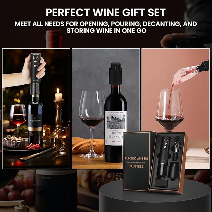 BLUBYEES 4-in-1 Rechargeable Electric Wine Opener Set - Automatic Corkscrew, Foil Cutter, Aerator Pourer, Vacuum Stopper - Wine Lovers Gifts for Women and Men