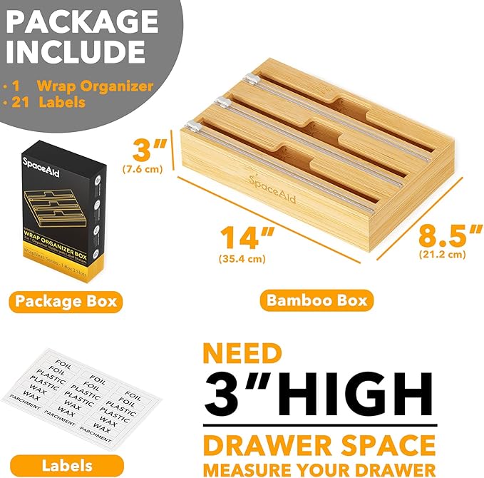 SpaceAid WrapNeat 3 in 1 Wrap Organizer with Cutter and Labels, Plastic Wrap, Aluminum Foil and Wax Bamboo Dispenser for Kitchen Storage Organization Holder for 12" Roll (Natural, 3-Slot)