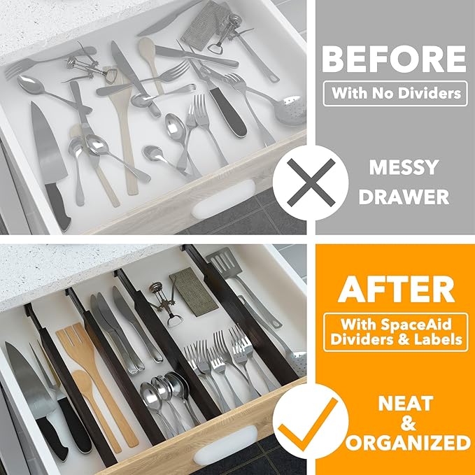 SpaceAid 4 Pack Bamboo Drawer Dividers with Labels, Kitchen Adjustable Drawer Organizers, Expandable Organization for Home Clothes Dressers (17-22 in, Black)