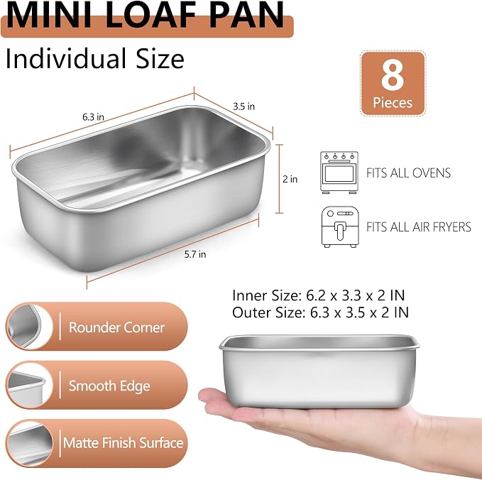 LIANYU Mini Loaf Pan for Baking Bread, 8 Pack 6.3 x 3.5 Inch Stainless Steel Small Bread Loaf Pan for Homemade Meatloaf, Tin Loaf Baking Pan Perfect for Banana Sourdough Sandwich, Dishwasher Safe