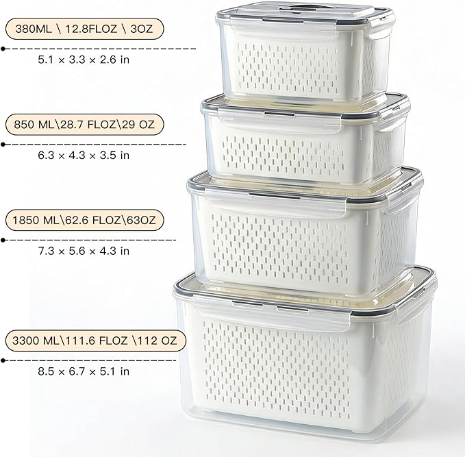 Produce Storage Containers Set with Drain Basket & Lid – Stackable Fridge Organizer Bins for Refrigerator – Fruit & Vegetable Storage Keeper, Berry Container, Lettuce Storage Box (6 Sizes) (4)