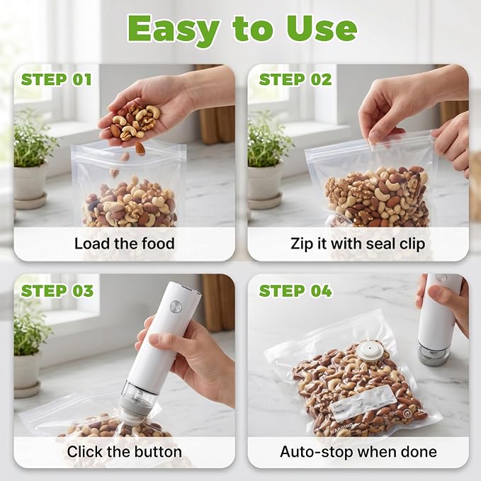 Handheld Vacuum Sealer Portable, Compact Vacuum Sealer for Food with 30 Reusable Bags - Food Saver for Sous Vide, Travel, Leftovers & Dry Foods, 6X Longer Freshness, One-Touch Operation