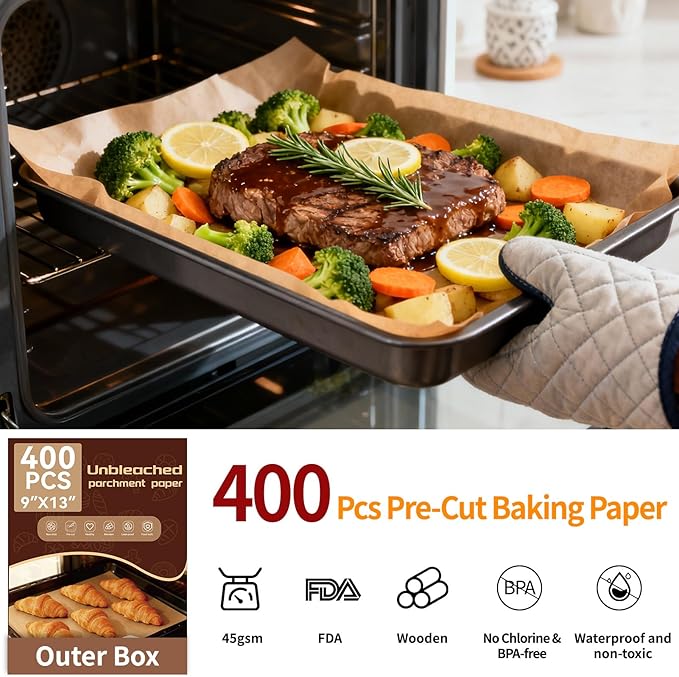 YUANYE 400PCS Parchment Paper Baking Sheets, 9"x13" Unbleached Precut Quarter Parchment Paper for Baking, Non-Stick Baking Paper for Grillin, Steaming Bread Cookies, Cakes, Oven, Air Fryer, Microwave