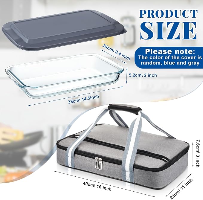 FoldTier Glass Baking Dish with Lid Glass Casserole with Carrier 9 x 13 Inch Insulated Bag for Hot or Cold Food Deep Casserole Dish for Oven Potluck Party Picnic Cookouts