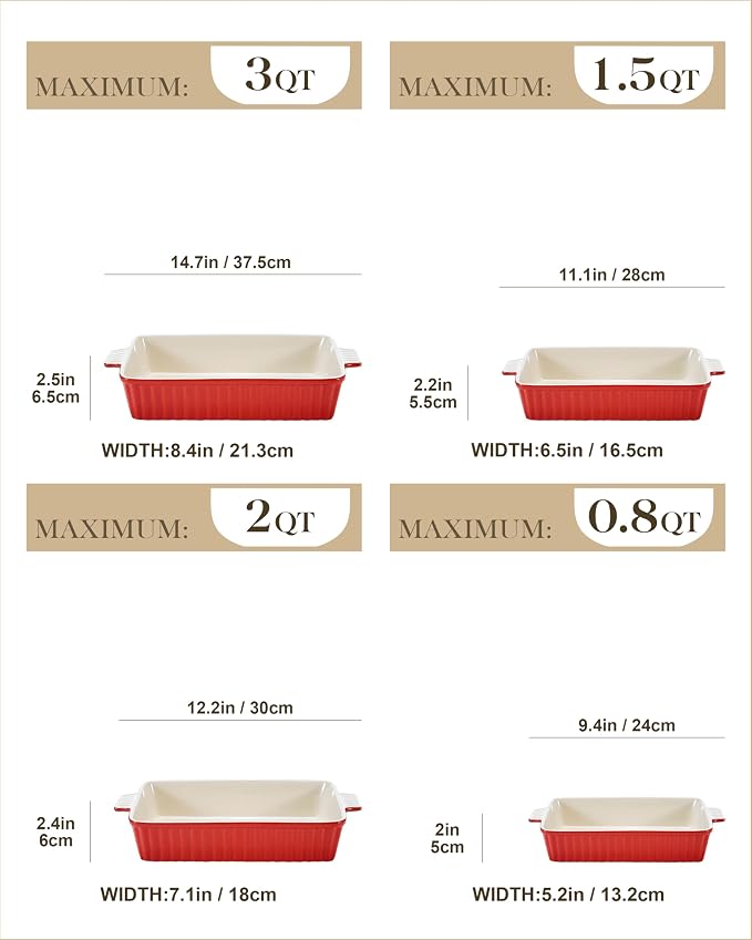 Bakeware Set of 4, MALACASA Porcelain Baking Pans Set for Oven, Casserole Dish, Ceramic Rectangular Baking Dish Lasagna Pans for Cooking Cake Pie Dinner Kitchen, Red (9.5"/11.25"/12.75"/14.5")