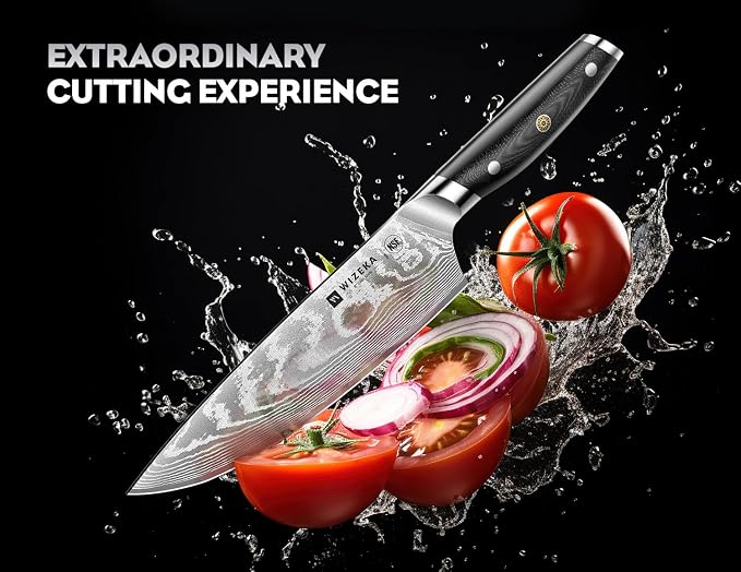 WIZEKA Damascus Chef Knife Set: 3 PCS,Super Sharp Kitchen Knives: Made of Japanese Steel VG10: Full Tang Professional Chef Knife Set With G10 Ergonomic Handle, Fathers day