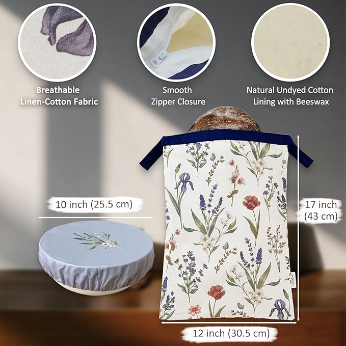 Reusable Linen Cotton Beeswax Bread Bags for Sourdough XL with Zipper, 10-inch Cotton Beeswax Bowl Cover Set, to Keep Bread and Food Fresh, All Natural Materials