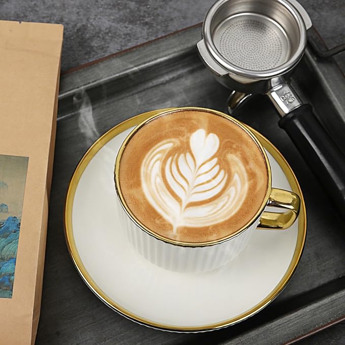 ALIMOTA 7oz White Gold Ceramic Coffee Mug Set of 4, Latte Mugs with Saucers and Spoons, White Latte Cups and Espresso Mug for Specialty Coffee Drinks, Latte, Cafe Mocha, Tea