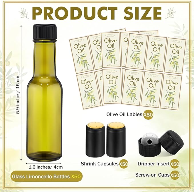 Havawish 50 Pcs 3oz Homemade Olive Oil Glass Bottles Hot Sauce Bottles with Leak Proof Screw Cap Funnel Bottle for Storing Homemade Olive Oil Wedding Baby Shower Holiday Gifts Favors (Green)