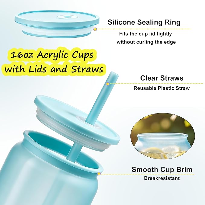 20 Pack Plastic Cups Reusable with Lids and Straws, 16 oz Acrylic Mason Jars Iced Coffee Cups Unbreakable Drinking Glasses for Poolside, Party Giveaways, Park Picnic, Jelly Color