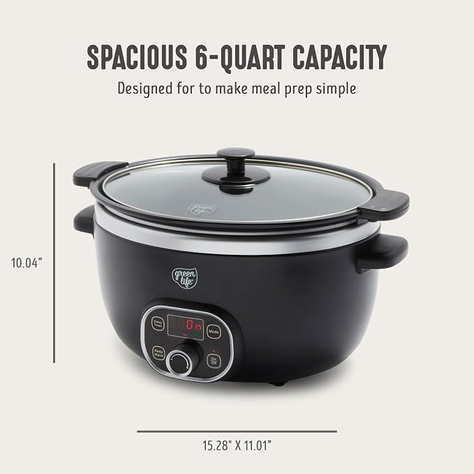 GreenLife 6QT Slow Cooker, Non-Toxic PFAS-Free Ceramic Nonstick Removable Interior Bowl, Programmable, Family Friendly, Keep Warm, Stovetop & Oven Safe, Dishwasher Safe Crock, Timer, Glass Lid, Black