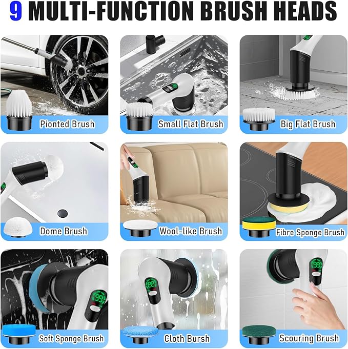Electric Cleaning Brush, 9 in 1 Electric Brush with Interchangeable Drill Brush Heads, 2000mAh, Electric Clean Brush with Adjustable Handle, for Bathroom, Kitchen, Floor, Cordless