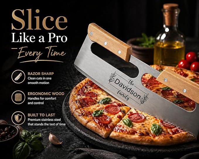 Personalized Pizza Cutter Rocker Knife 14” – No Dragging, Clean Cuts Every Time, Heavy Duty Stainless Steel Blade with Wood Handles, Professional Mezzaluna Pizza Slicer