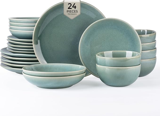GBHOME Dinnerware Sets with Double Bowls for 6, 24 Pieces Stoneware Plates and Bowls Set, Scratch Resistant Ceramic Dishes Set, Dishwasher & Microwave Safe-Malachite Green