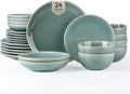 GBHOME Dinnerware Sets with Double Bowls for 6, 24 Pieces Stoneware Plates and Bowls Set, Scratch Resistant Ceramic Dishes Set, Dishwasher & Microwave Safe-Malachite Green