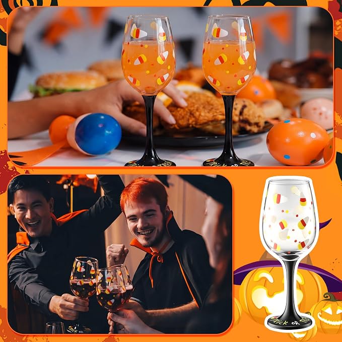 SiliFine 2 Pcs Halloween Candy Corn Theme Party Stemmed Wine Glasses Hand Painted Drinking Cup Wine Glasses Gifts for Halloween Birthday Theme Holiday Party Supplies