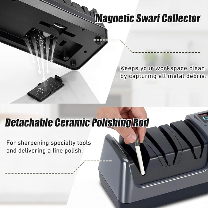 5-in-1 Electric Knife Sharpener for All Knives – Diamond Abrasive Sharpener with 3 Speeds & LCD Display | Sharpens Straight, Serrated, Kitchen Knives & Scissors | Automatic, Safe, Easy to Use (GERY)