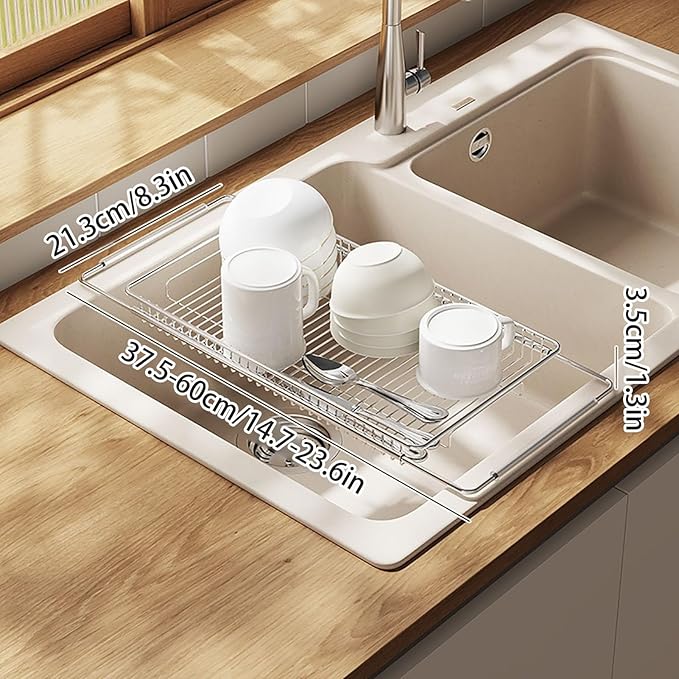 Expandable Dish Drying Rack Stainless Steel, Dish Drainer Over the Kitchen Sink, Dish Rack Vegetables and Fruits Strainer(Small)