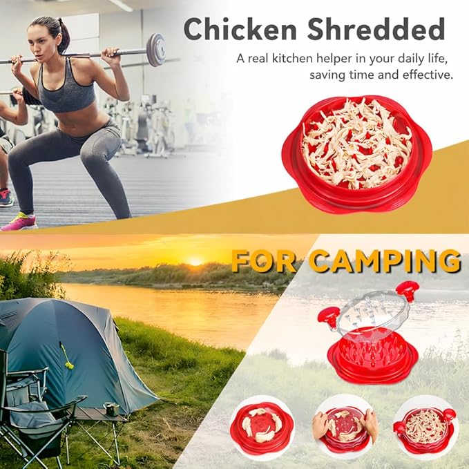 Premium Manual Food Shredder, Chicken Crusher Tool, Large Standard Size, PowerPull Chicken Grinder, Pork & Beef, KitchenPro Chicken Shredder Tool (Red)