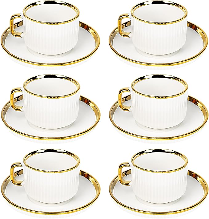 ALIMOTA 3oz White Gold Ceramic Coffee Mug Set of 6, Latte Mugs with Saucers, White Latte Cups and Espresso Mug for Specialty Coffee Drinks, Latte, Cafe Mocha, Tea
