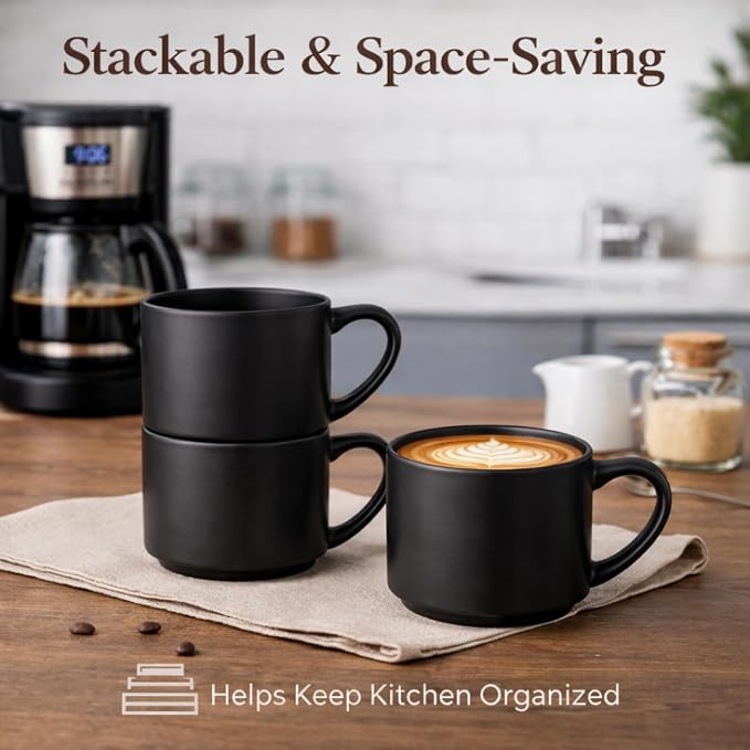 GBhome 14 OZ Coffee Mugs Set of 6, Stackable Ceramic Mugs for Men, Women, Modern Coffee Cups With Stable Base for Latte, Tea, Cappuccino. Dishwasher & Microwave Safe, Matte Black