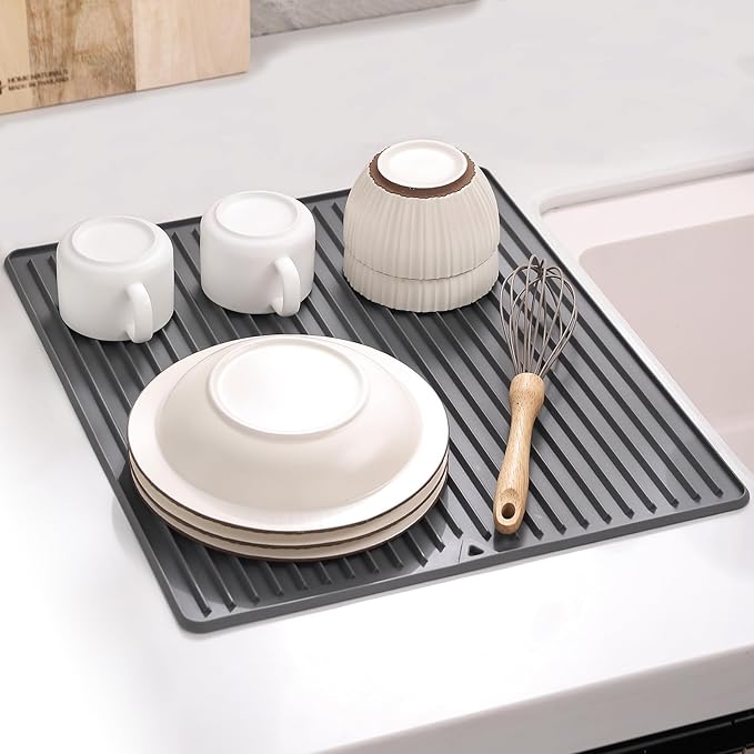 Silicone Dish Drying Mat, 16 x 18-inch Large Drying Mat for Kitchen Counter | Thicker Silicone Dish Drainer Pad for Countertop, Sink, Refrigerator or Drawer liner | Soft & Heat Resistant