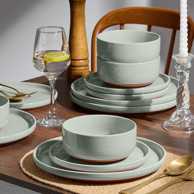 E-far 12-Piece Stoneware Dinnerware Sets, Plates and Bowls Sets for 4, Ceramic Dishware Dishes Set with Terracotta Base, Chip & Scratch Resistant, Microwave & Dishwasher Safe, Speckled Green