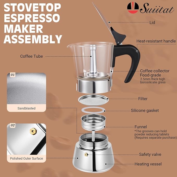 Induction Moka Pot, 6 Cups (10.6 oz) Crystal Glass-Top & Stainless Steel Moka Pot, Classic Stovetop Espresso Maker, Silver