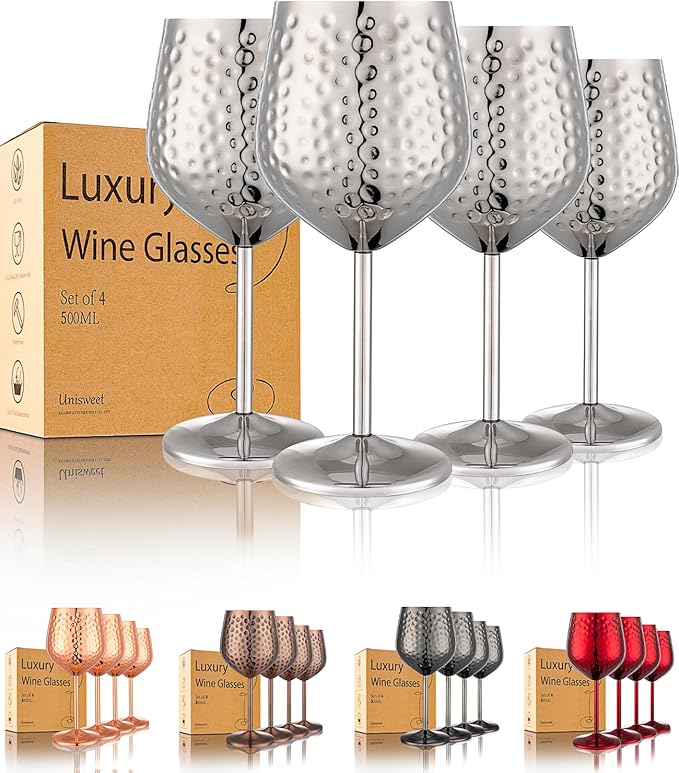 UNISWEET Stainless Steel Wine Glasses Set of 4 Unbreakable (Silver) | 17 oz Large-capacity Hammered Goblets, Lightweight & Reusable, Good for Outdoor, Camping, Pool Travel, Gift for Wine Lovers