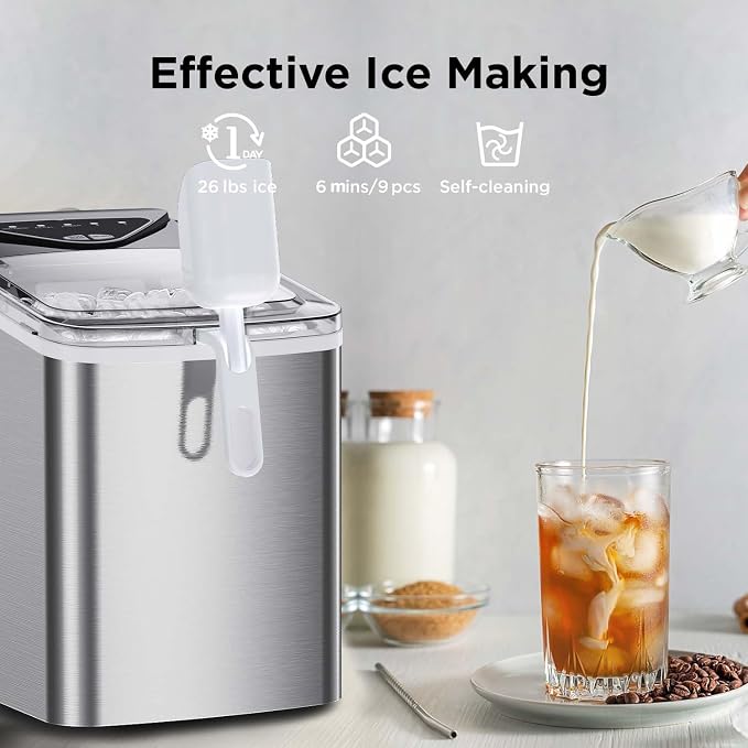 Totnz Countertop Ice Maker Machine - 26lbs in 24Hrs, 9 Ice Cubes Ready in 6 Mins, Auto-Cleaning Portable Ice Maker with Ice Basket, Handles and Scoop, for Home/Kitchen, Stainless Steel