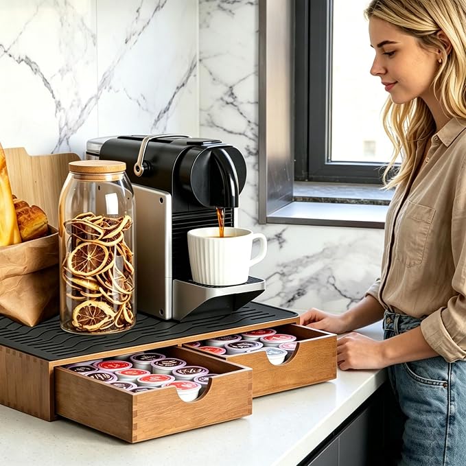 Wooden Coffee Pod Holder Drawer With Silicone Non-Slip Pad,K Cup Organizer Storage Box,Kcup Drawer and Tea Organizer Under Brewer,30 Pod Capacity,Countertop Coffee Station Organizer for Machine Stand