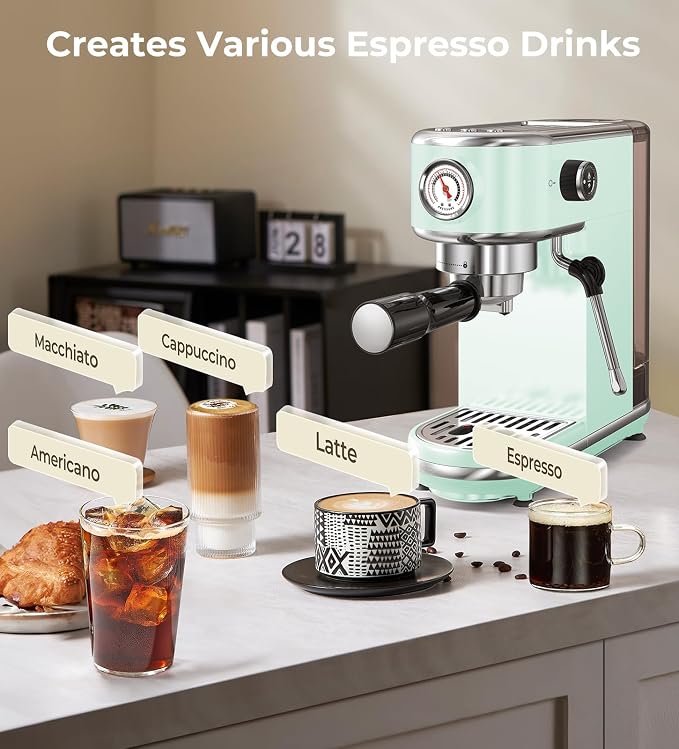 atatix 20 Bar Espresso Machine with Milk Frother, Compact Espresso Maker, Stainless Steel Coffee Machine with Precise Temp Control & 44oz Removable Water Tank for Latte, Cappuccino, Light Green