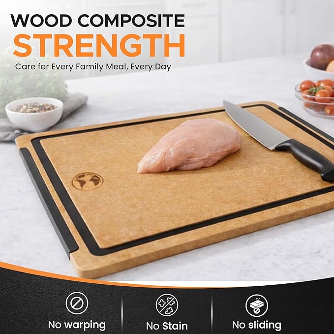 Composite Wood Cutting Board Set of 3 – Built In Juice Groove, Dishwasher Safe, Non-Toxic & Cutting Boards for Kitchen – Large, Medium & Small Non-Slip Wood Charcuterie & Chopping Boards (Tan/Black)
