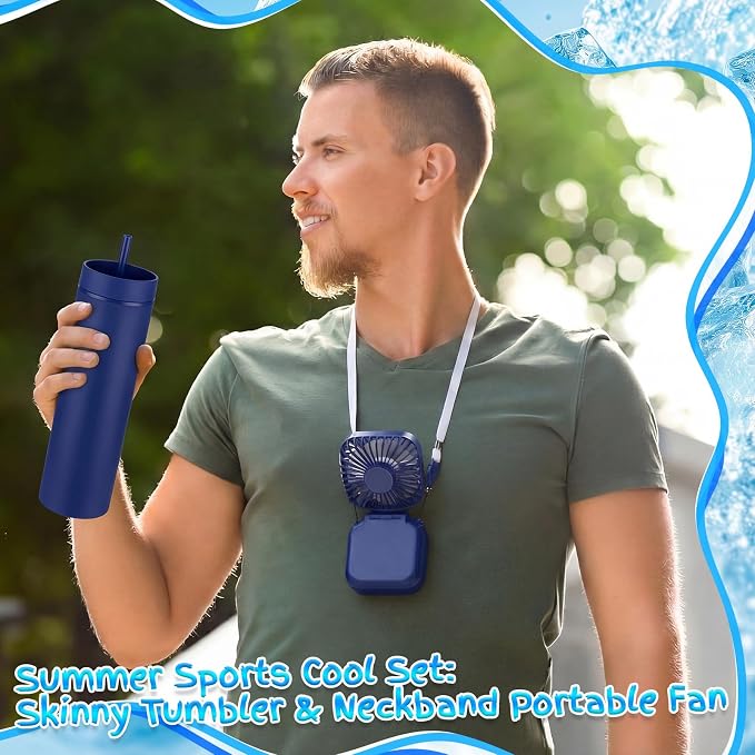 Reallnaive 6 Pcs Skinny Tumbler Bulk and Mini Portable Fans Set for Summer, 16 oz Plastic Cups with Lids Straws and Small USB Rechargeable Handheld Fan for Cooling Gift (Dark Blue)