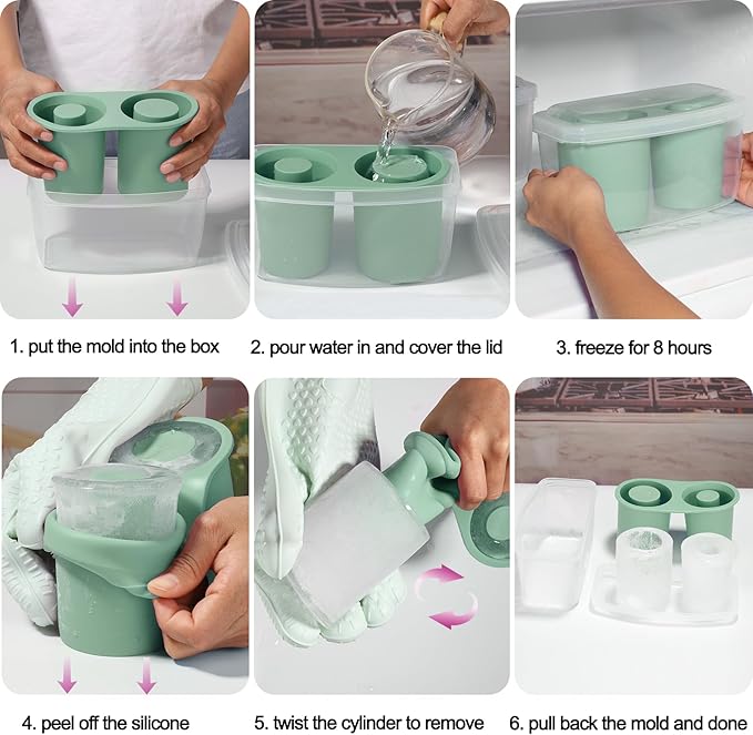 2 Packs Ice Mold for Stanley Cup, Silicone Ice Cube Tray for Stanley Cup 30oz-40oz, Tumbler Ice Mold with Lid and Bin, Easy Release Cylinder Ice Cube Mold, Eucalyptus