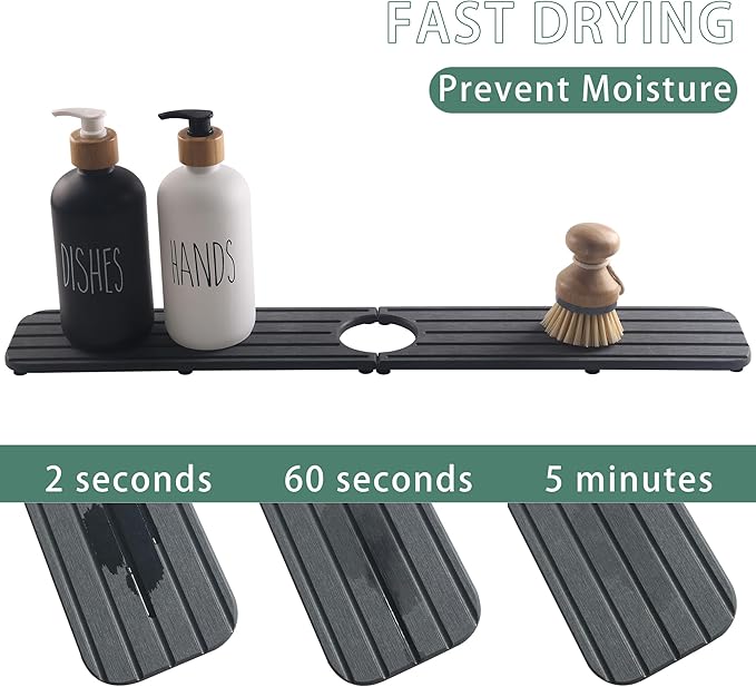 NiuYichee 23.6inch x 4inch Kitchen Sink Faucet Mat, Water Absorbing Stone Faucet Splash Guard for Bathroom Counter, Quick Drying Diatomite Tray for Kitchen Sink, Dark Gray