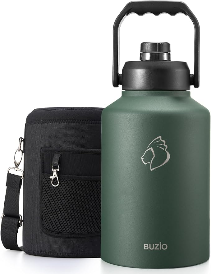 BUZIO 1 Gallon Water Jug Insulated, Stainless Steel Bottle With Large Handle & Spout Lid, 3.58" Big Wide Mouth BPA-Free Leakproof Metal Water Flask For Camping, Adventure, Sports, Green