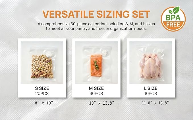 Vacuum Sealer Bags for Food, 60 Pcs (S+M+L) 8" x 10" and 10" x 13.8" and 11.8" x 13.8" Food Storage Bags for Sous Vide Cooking Microwave Heating, Air Valve Zipper Bags