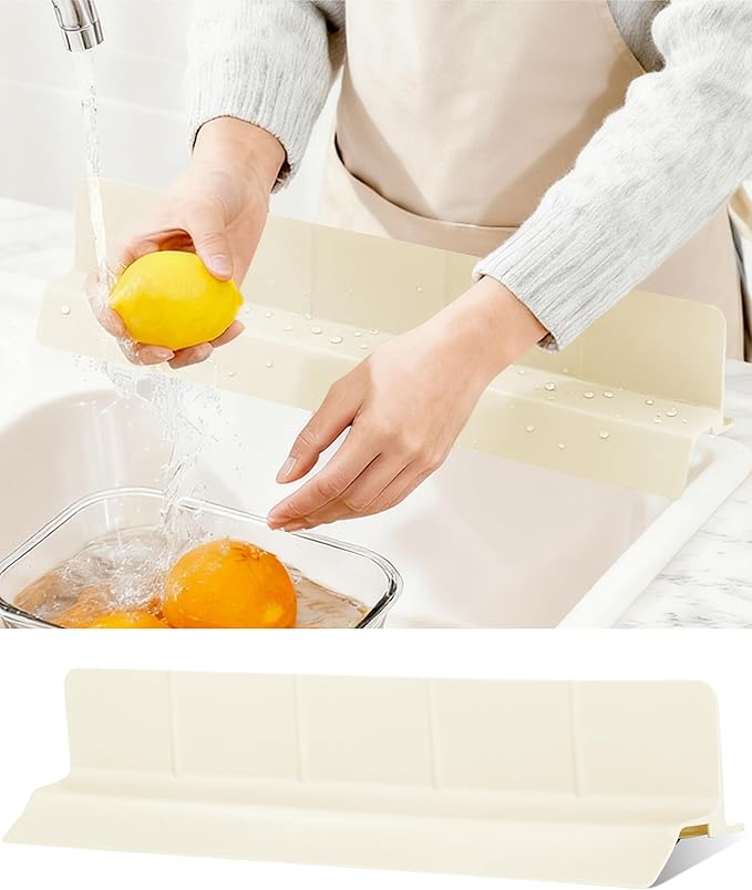 Kitchen Sink Splash Guard 18" 23" Self-Draining Silicone Water Guard with High Splash Wall & Strong Suction Cups for Faucet, Countertop & Sink Edge, Keeps Sinks Dry, Dishwasher Safe,Cream