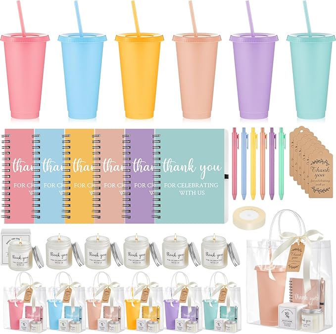 Nuogo 6 Sets New Parent Shower Prizes for Player Winners Adult, Wedding Bridal Shower Gift, Plastic Tumbler Notebook Scented Candle Ballpoint Pen Bag (Colorful,Classic Style)