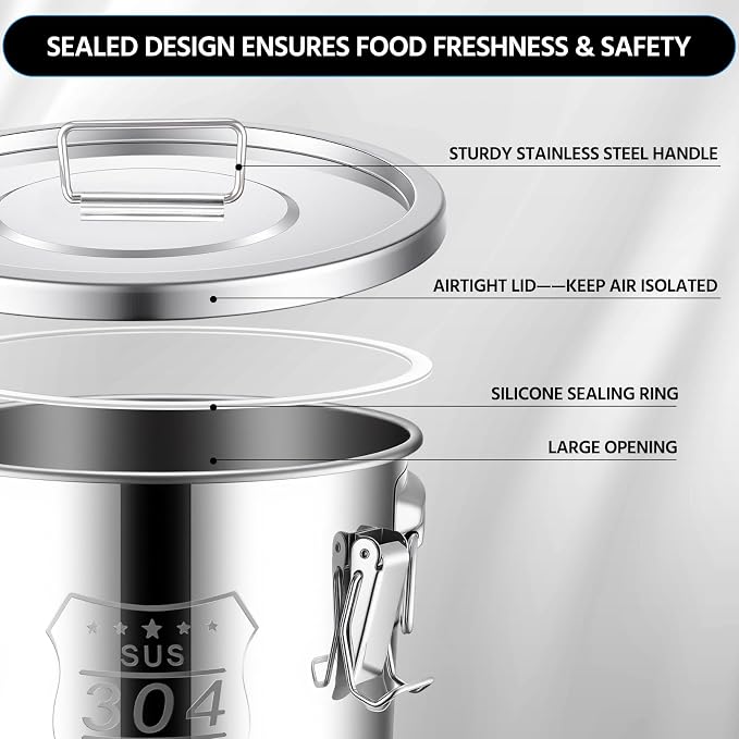Suclain 3 Pcs 21L 304 Stainless Steel Airtight Canister Large Stainless Steel Food Storage with Locking Lid Metal Leak-proof Container for Pantry Organization Rice, Flour, Oil, Water